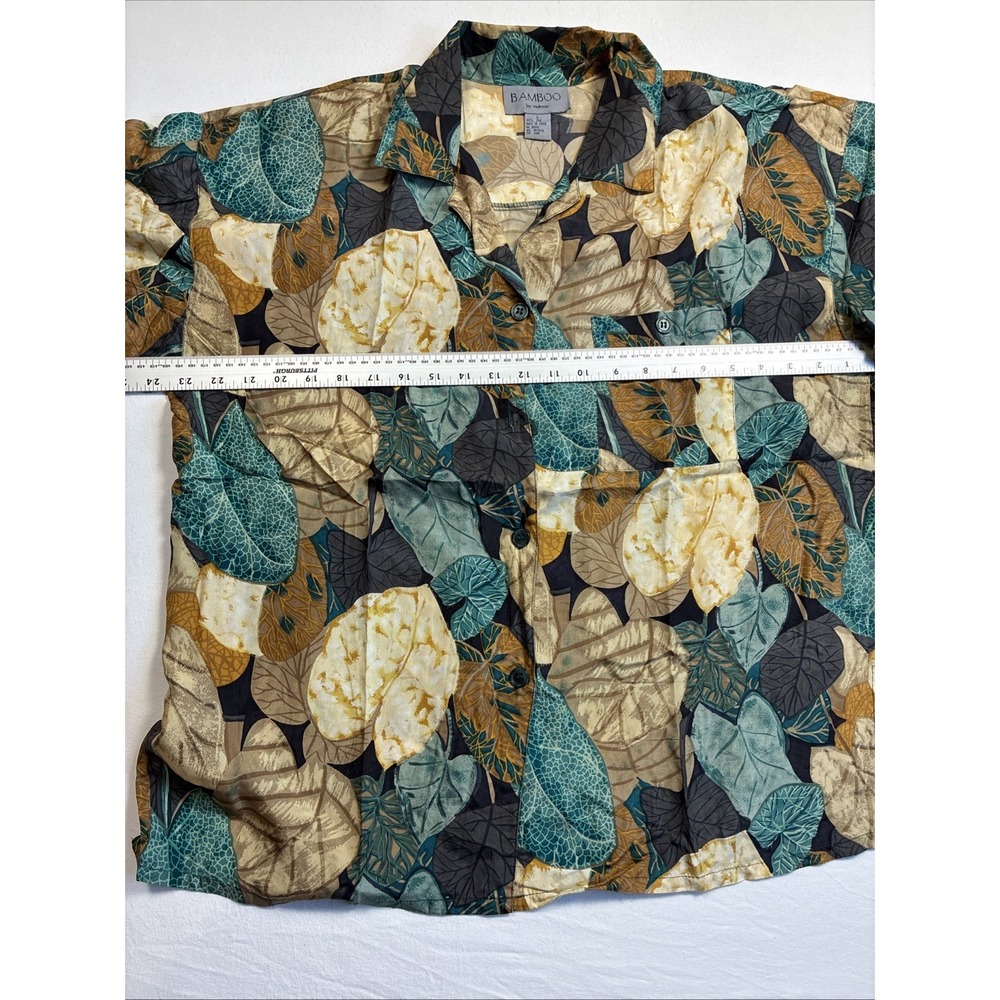 Bamboo Melrose Vintage Silk Shirt 80s 90s Unisex Men's Neutral Leaf Large - Picture 5 of 6